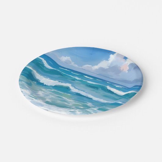 Ocean Waves Watercolor Beach Coastal Wedding Pappteller (Schrägansicht)