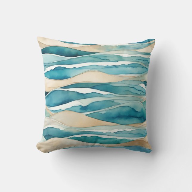 Ocean Waves Watercolor Blau Beige Küste Kissen (Vorderseite)