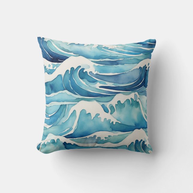 Ocean Waves Watercolor Blue Beach Coast Kissen (Vorderseite)