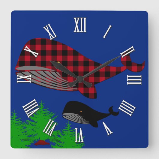 Ocean Whales Fantasy, Büffel karierter Wal, Bäume Quadratische Wanduhr (Vorderseite)
