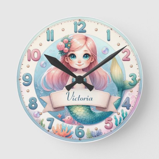 Ocean Whimsy Mermaid Clock Runde Wanduhr (Vorderseite)