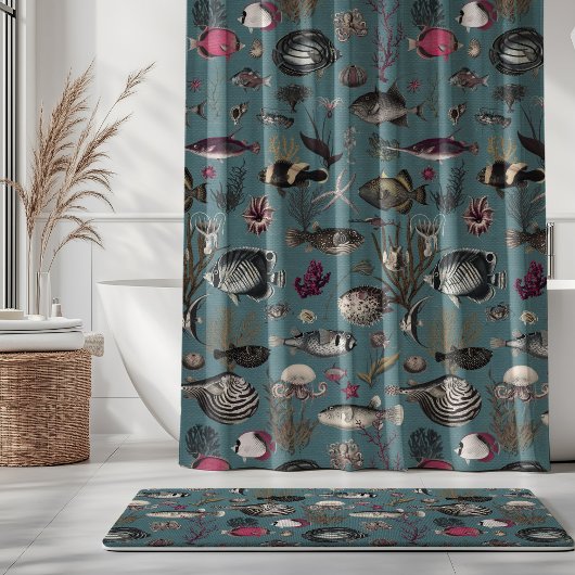 Oceania Fuchsia Grey Fishes on Blue Background Duschvorhang