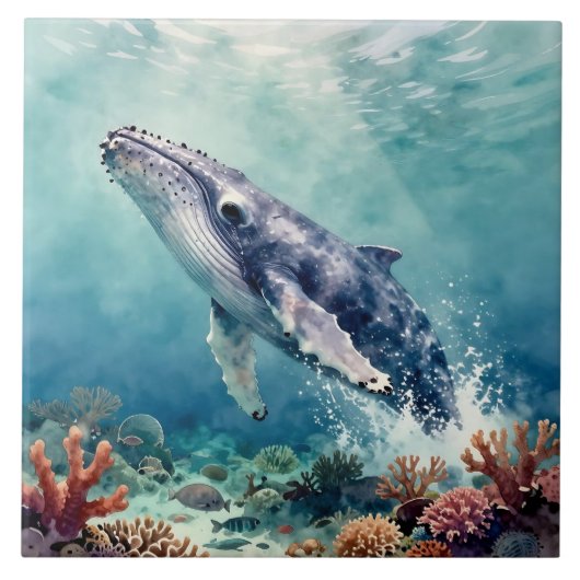 Oceanic Blue Whale Watercolor Coastal Art Fliese (Vorderseite)