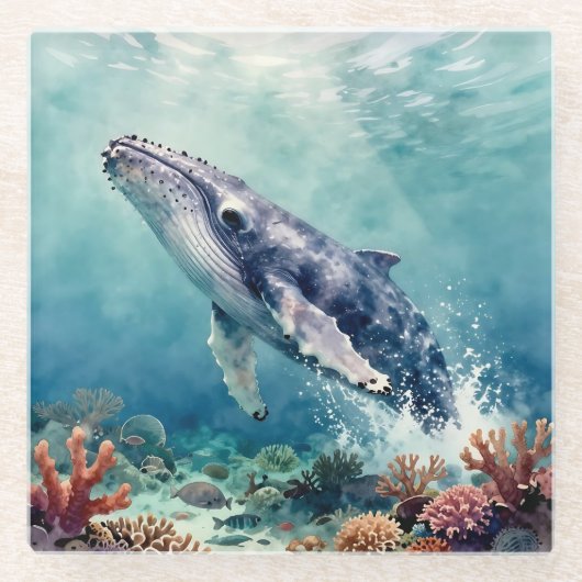 Oceanic Blue Whale Watercolor Coastal Art Glasuntersetzer (Vorderseite)