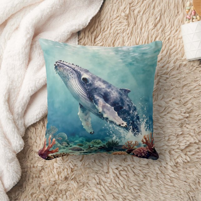Oceanic Blue Whale Watercolor Coastal Art Kissen (Decke)