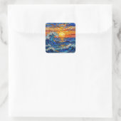 Oceanic Coastal Ocean Waves Sunset   Quadratischer Aufkleber (Tasche)