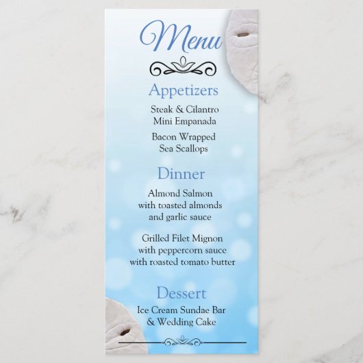 Oceanic Sand Dollar Aqua Blue Wedding Card Menükarte (Vorderseite)
