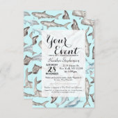 Oceanic Watercolor Fish in Blue Schwarz-weiß Grau Einladung (Vorne/Hinten)