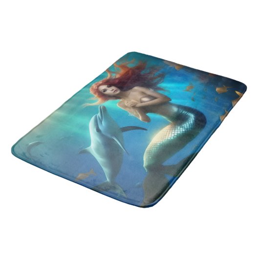 "Ocean's Dance: Eine Meerjungfrau und Delphinfahrt Badematte (Schrägansicht)