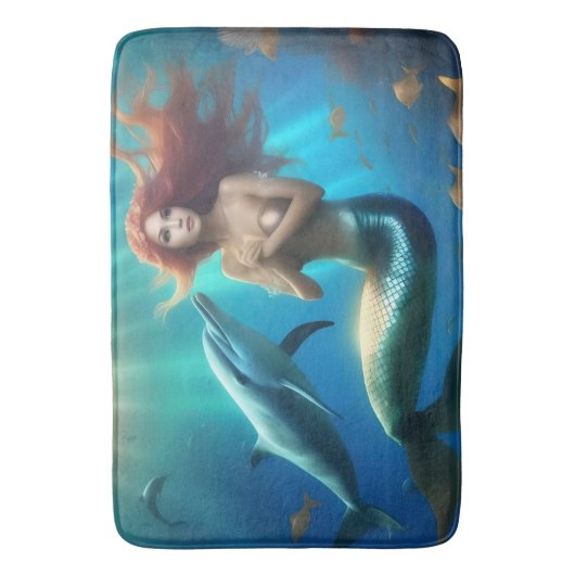 "Ocean's Dance: Eine Meerjungfrau und Delphinfahrt Badematte (Vorderseite Vertikal)