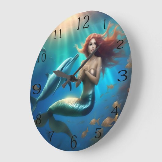 "Ocean's Dance: Eine Meerjungfrau und Delphinfahrt Große Wanduhr (Winkel)