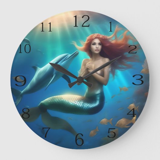 "Ocean's Dance: Eine Meerjungfrau und Delphinfahrt Große Wanduhr (Vorderseite)