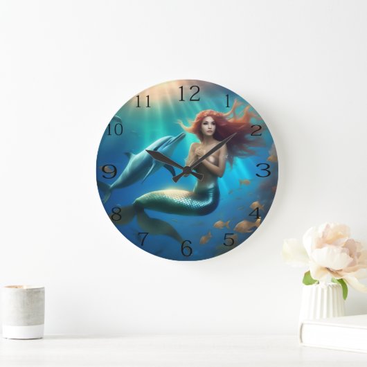 "Ocean's Dance: Eine Meerjungfrau und Delphinfahrt Große Wanduhr (Zuhause)