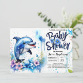 Ocean's Embrace: Dolphin Baby Shower Einladung (Stehend Vorderseite)