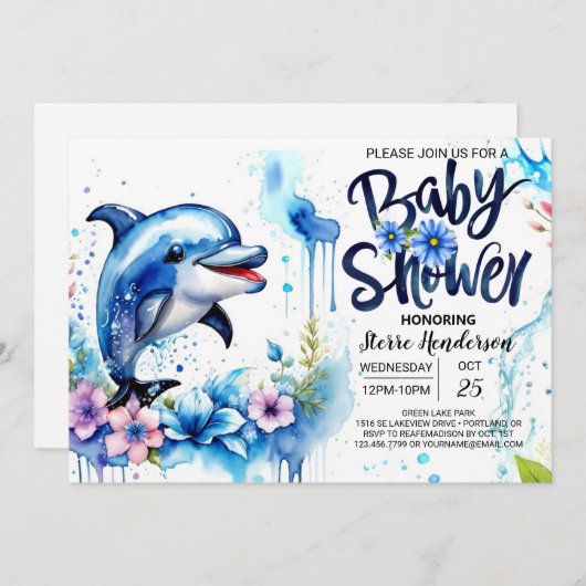 Ocean's Embrace: Dolphin Baby Shower Einladung (Vorne/Hinten)