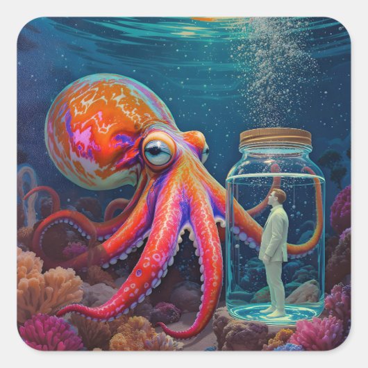 "Ocean's Silent Captive" - Octopus Portrait Quadratischer Aufkleber (Vorderseite)