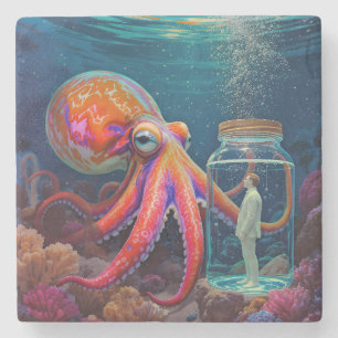 "Ocean's Silent Captive" - Octopus Portrait Steinuntersetzer