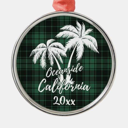 Oceanside Beach California Palm Tree Green Kariert Ornament Aus Metall (Vorne)