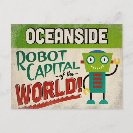 Oceanside California Robot - Funny Vintag Postkarte (Vorderseite)