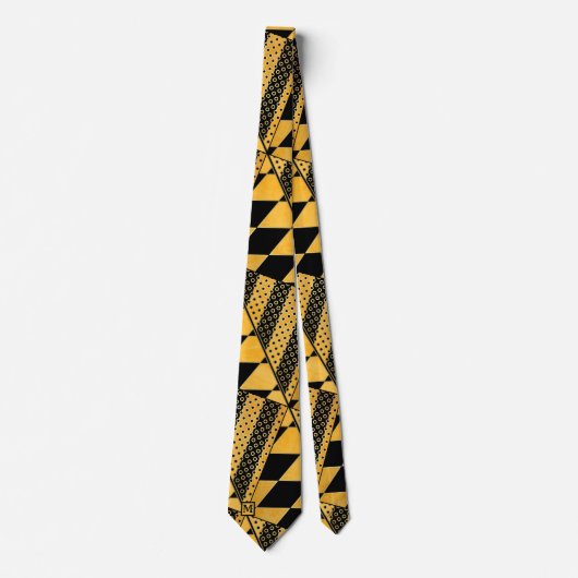 Ocher Black Geometric Pattern Monogram Krawatte (Vorderseite)
