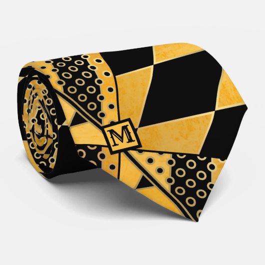 Ocher Black Geometric Pattern Monogram Krawatte (Gerollt)