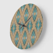 Ochre Brown Taupe Aquamarines blaues Tribal Art Mu Große Wanduhr (Winkel)