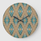 Ochre Brown Taupe Aquamarines blaues Tribal Art Mu Große Wanduhr (Vorderseite)