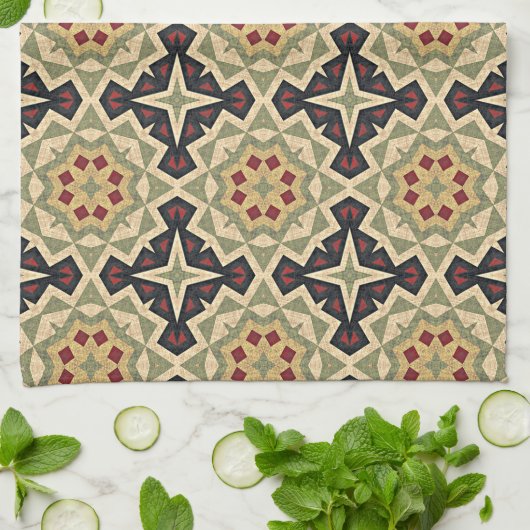 Ochre Mustard Yellow Olive Green Black Tribal Art Geschirrtuch (Gefaltet)