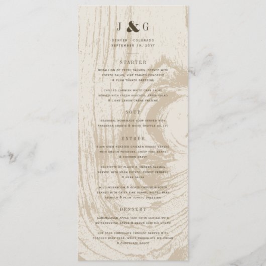 Ochre Rustic Woodgrain Hochzeit im Herbst Herbst Menükarte (Vorderseite)