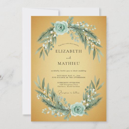 Ocker-Aqua-Blattwerk-Eukalyptus-Hochzeit Einladung (Vorderseite)