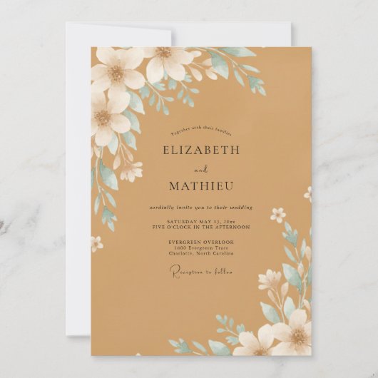 Ocker-Aqua-Blüten-Hochzeit Einladung (Vorderseite)