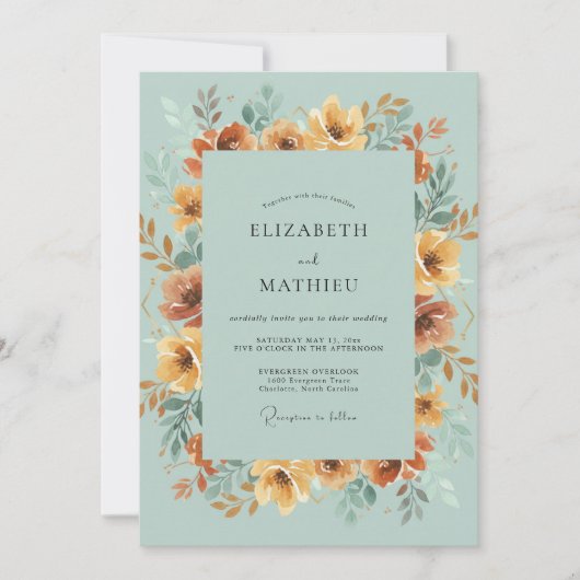Ocker-Aqua-Wildblumen-Hochzeit Einladung (Vorderseite)