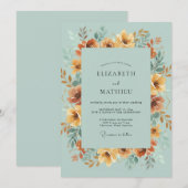 Ocker-Aqua-Wildblumen-Hochzeit Einladung (Vorne/Hinten)