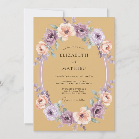 Ocker-Blumenkranz-Romantik-Hochzeit Einladung (Vorderseite)