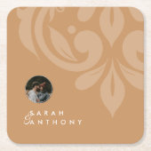Ocker Classic Minimal Damask Foto Hochzeit Rechteckiger Pappuntersetzer (Vorderseite)