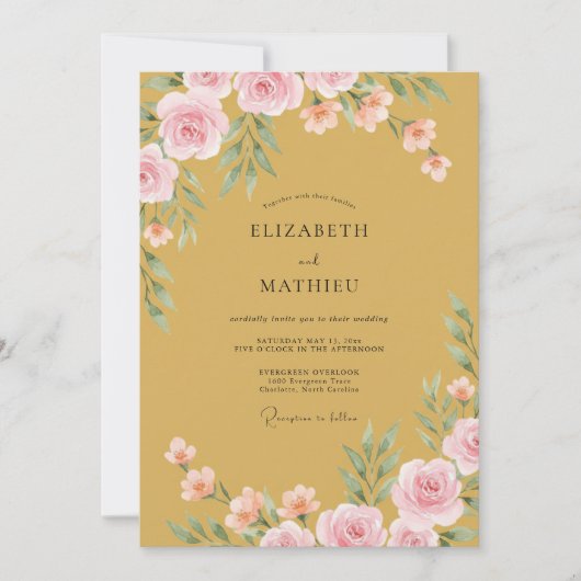 Ocker Exquisite Florale Hochzeit Einladung (Vorderseite)