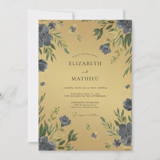 Ocker Indigo Blütenblatt Hochzeit Einladung (Vorderseite)