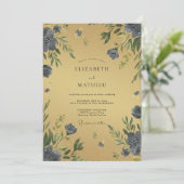 Ocker Indigo Blütenblatt Hochzeit Einladung (Stehend Vorderseite)