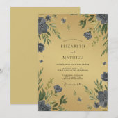 Ocker Indigo Blütenblatt Hochzeit Einladung (Vorne/Hinten)