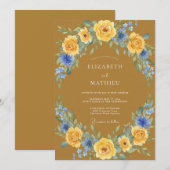 Ocker Kornblumen Blättrige Hochzeit Einladung (Vorne/Hinten)