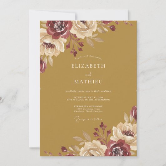 Ocker-Maronen-Ranunculus-Eukalyptus-Hochzeit Einladung (Vorderseite)