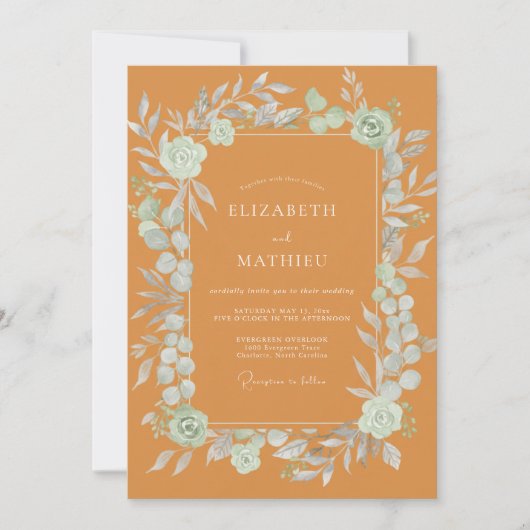 Ocker-Minz-Blatt-Hochzeit Einladung (Vorderseite)