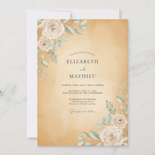 Ocker-Minz-Rosen-Hochzeit Einladung (Vorderseite)