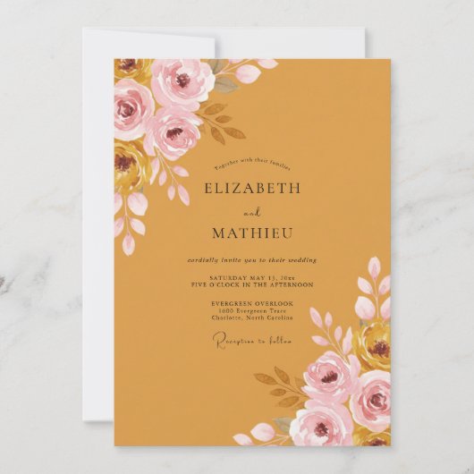 Ocker-Ranunculus-Eukalyptus-Hochzeit Einladung (Vorderseite)