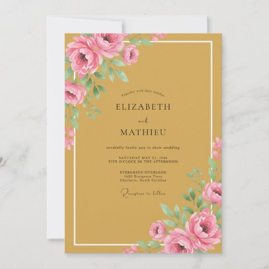 Ocker Romantischer Blumenreicher Hochzeitsschmuck Einladung (Vorderseite)