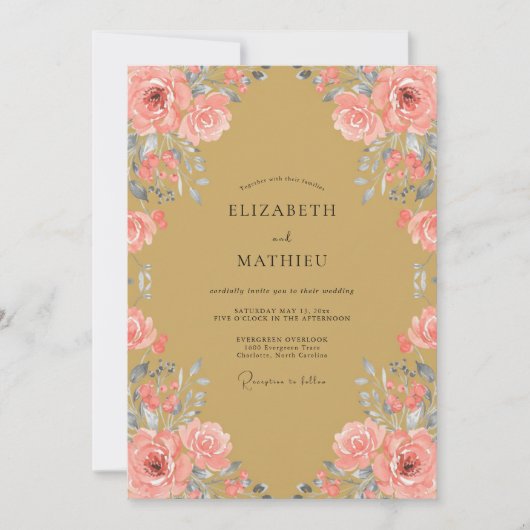Ocker-Rosa-Blüten-Hochzeit Einladung (Vorderseite)