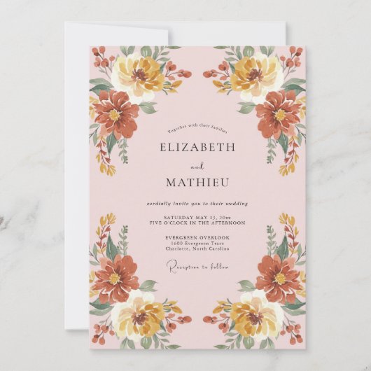 Ocker-Rustikale Blumenromanze Hochzeit Einladung (Vorderseite)