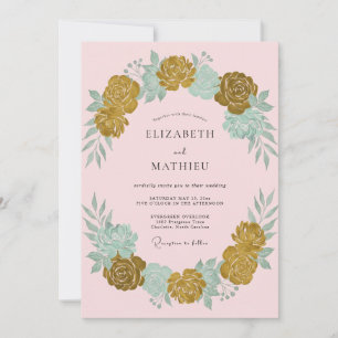 Ocker-Seafoam-Kranz-Hochzeit Einladung