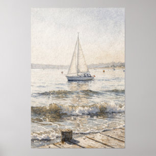 Ocker- und Indigo-Segelboot-Küstenwandkunst Poster
