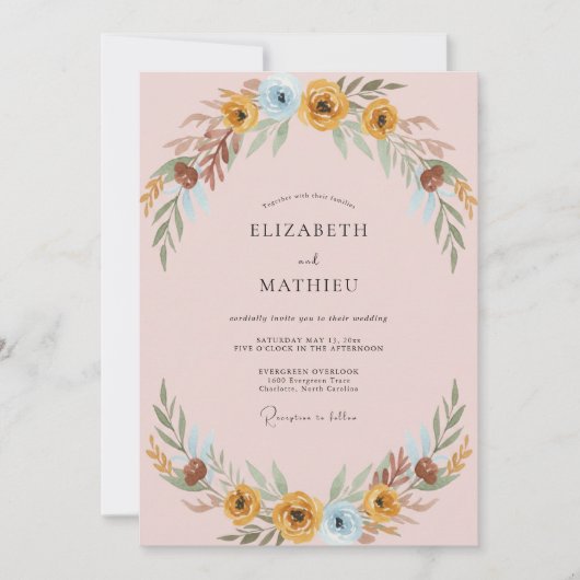 Ockerblaue Blätterhochzeit Einladung (Vorderseite)